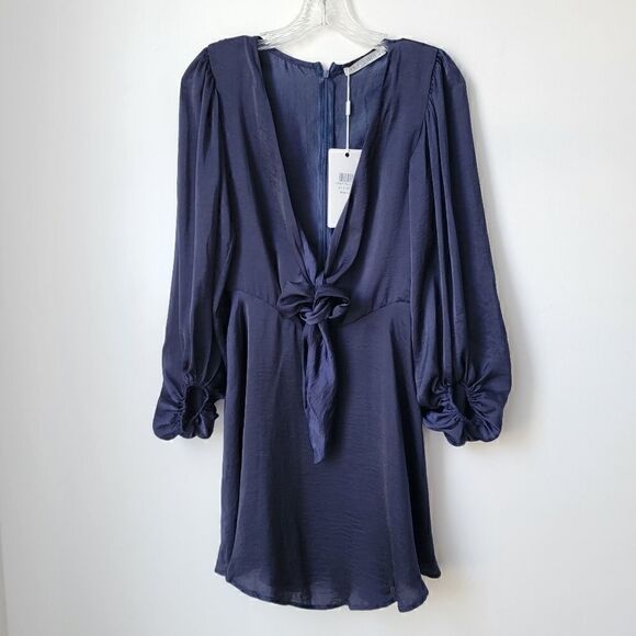 NWT SAINTS + SECRETS Balloon Sleeves Tie Front Flowy Navy Mini Dress Size Small - Picture 4 of 16